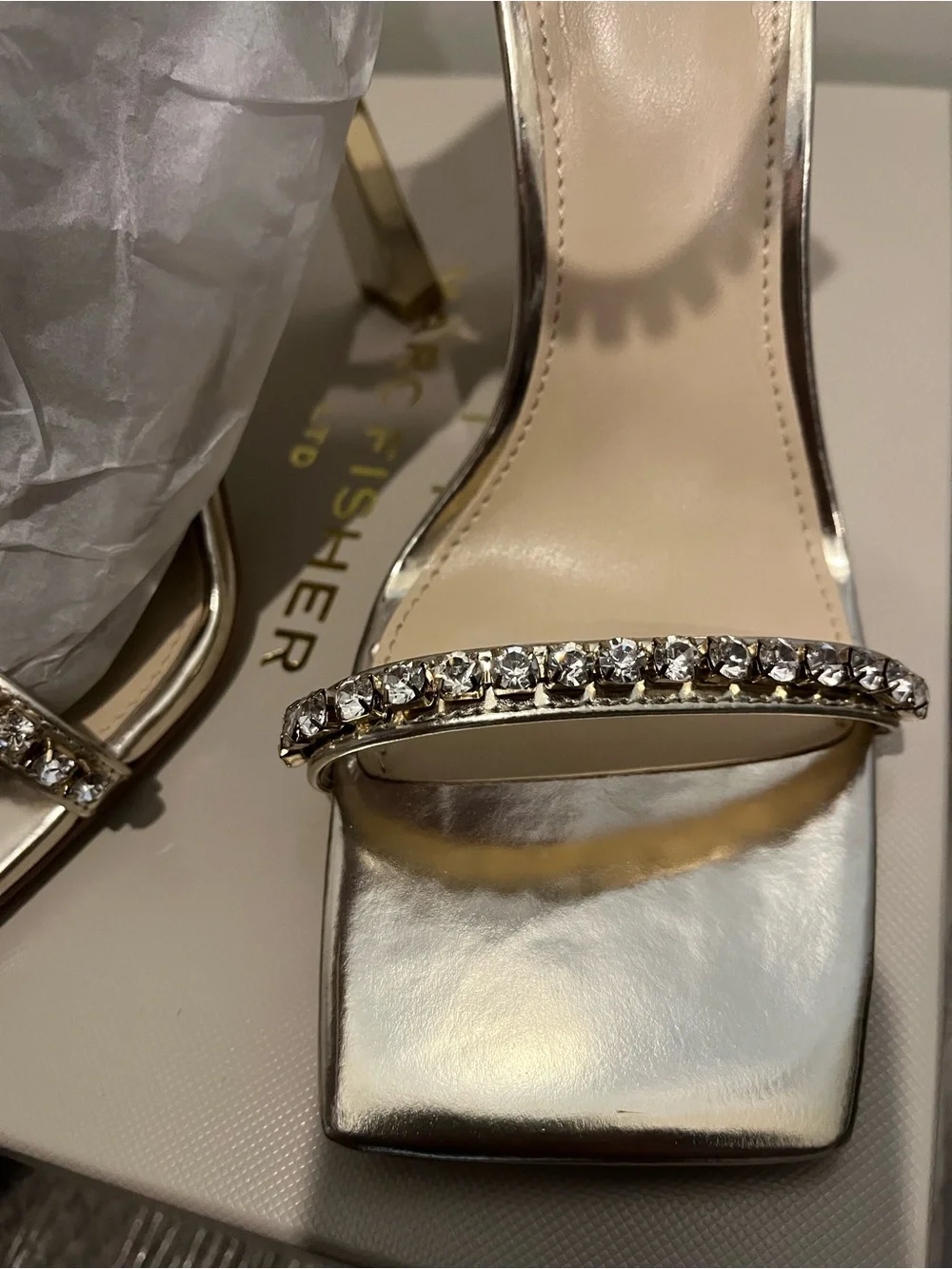 Marc Fisher LTD NWOB Karima Ankle Strap Sandal Heels In Gold Tone Size 6.5
